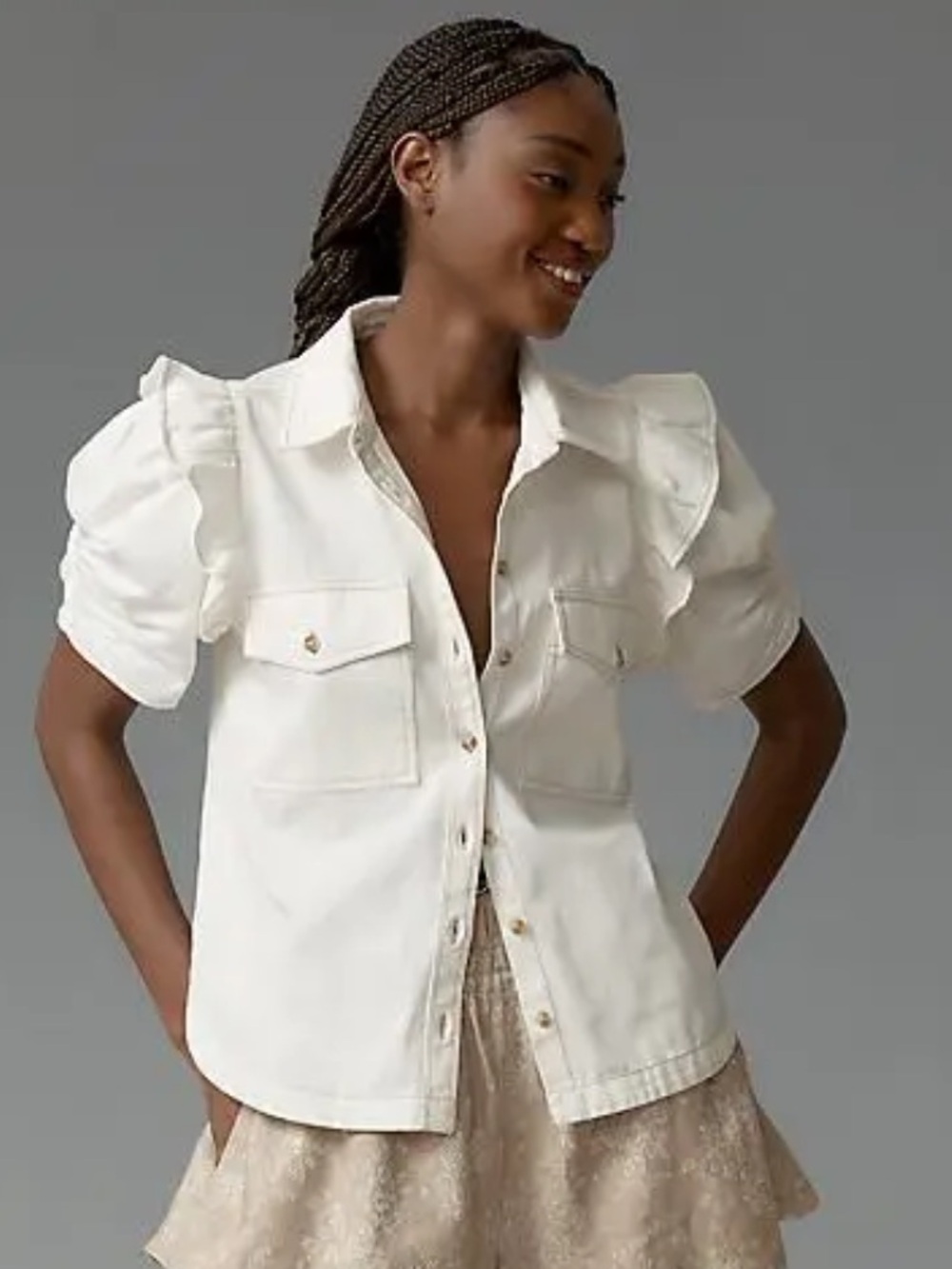 Pilcro the Ozzi Ruffle Sleeve Buttondown Shirt